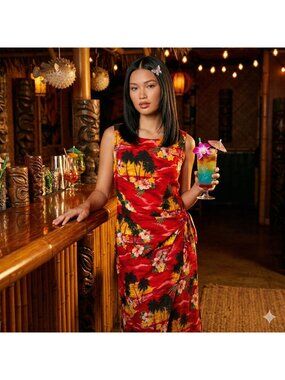 Vintage Y2K Tropical Hawaiian Dress Red Hibiscus Palm Tree Sunset Sarong XL